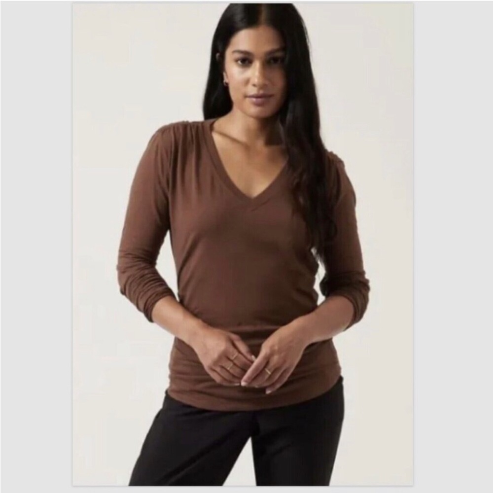 3X - ATHLETA - Outbound V-Neck Top Tee Brown Long Sleeve T-Shirt NEW